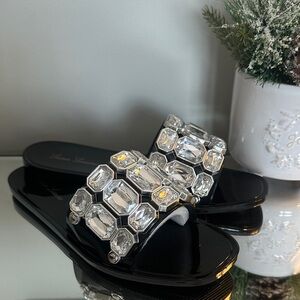 New!Lauren Lorraine Elegant Black Slide Sandals with Crystal Embellishments- 6.5